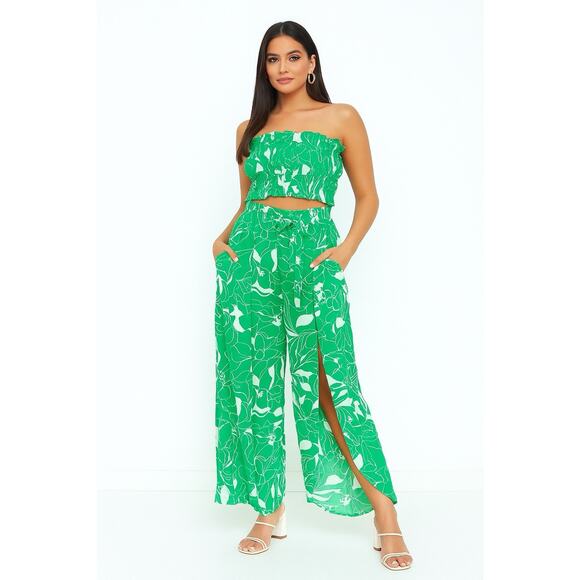 club z collection Green Floral Tropical Outfit Size L Split Pants And Halter Top - Picture 1 of 8